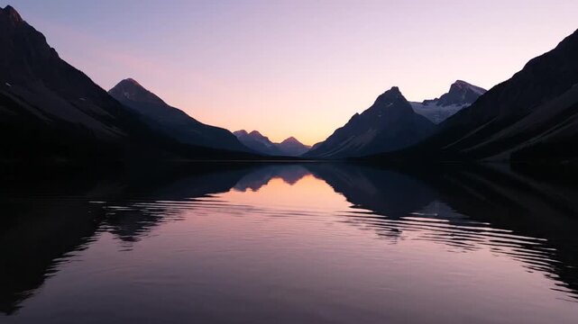 Serene mountain lake reflects a breathtaking purple and pink sunset sky, evoking peace and natural beauty