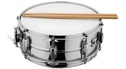 Fototapeta premium A musician plays a shiny snare drum with a wooden stick on a white surface indoors closeup