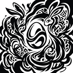 Fototapeta premium Stylized black and white drawing of Easter bunnies and egg with intricate tribal patterns, a truly high-resolution vector illustration.