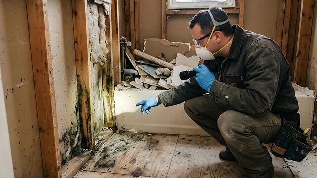Professional Inspecting Black Mold Growth on Damaged Bathroom Wall and Floor Using Flashlight