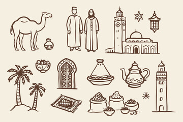 Moroccan culture doodle icon set hand drawn vector illustration © Victoria