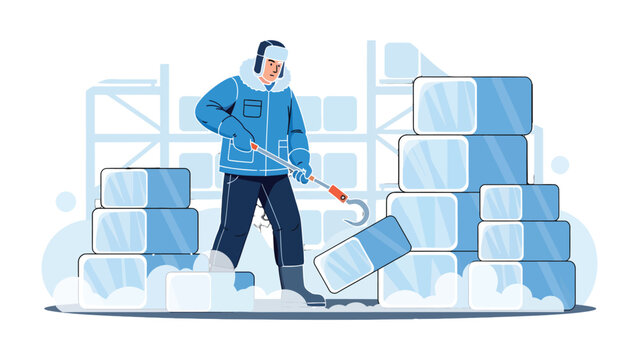 Ice Worker's Precision: A dedicated worker diligently arranges towering blocks of ice, highlighting the frozen landscape and the art of ice processing.