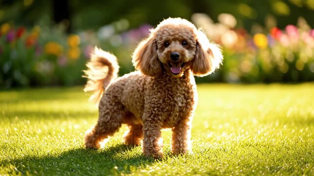 Delightful brown poodle dog happily poses in a sunlit green garden, its fluffy coat illuminated by natural light, evoking feelings of pet companionship and outdoor bliss