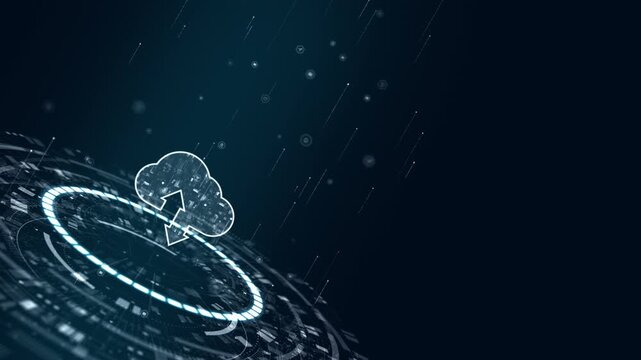 Motion graphic of cloud computing and data transfer over a futuristic HUD interface, featuring digital network technology and cyber security visuals designed for tech marketing backgrounds.