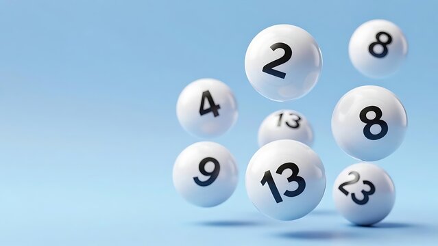 Floating Lottery Balls with Black Numbers on Light Blue Background, 3D Realistic Render for Gambling and Prize Draw Concepts.