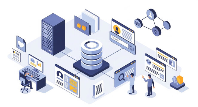 Isometric Illustration of a Database System with Server, Data, and Users.