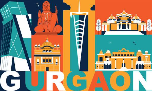 Gurgaon culture travel set, Indian famous architectures and specialties in flat design. Business travel and tourism concept clipart. Image for presentation, banner, website, advert, flyer, roadmap