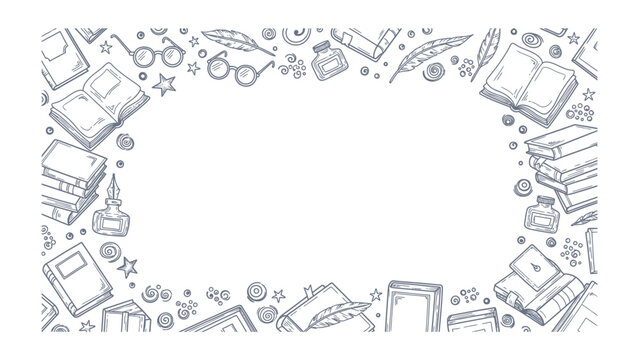 Reading and Knowledge Frame: A hand-drawn border of books, glasses, and inkwells evokes a sense of learning and literary pursuit, perfect for academic or educational themes.