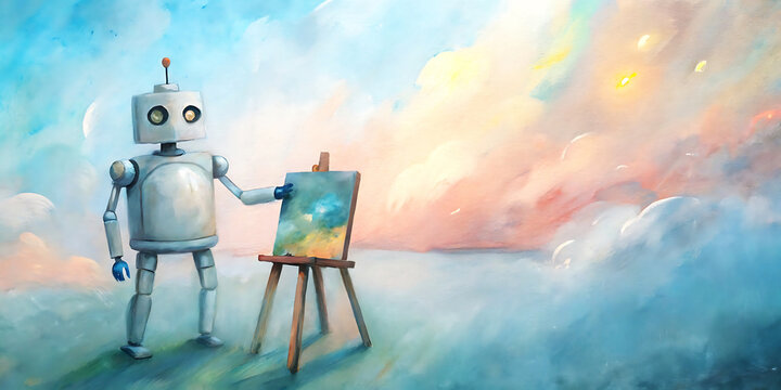 Robot artist painting a colorful sky on an easel in a dreamlike landscape image photo vector illustration