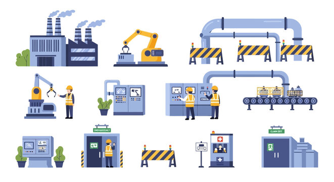 Factory & Industry Flat Icons: Manufacturing Process, Automation, Workers, Safety, and Emergency Elements