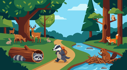 Fototapeta premium A tranquil nature scene featuring various animals and a flowing stream in a forested setting represents harmony with nature and highlights the beauty of wildlife and the ecosystem.