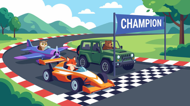 Whimsical cartoon animals compete in a colorful race, showcasing friendship and fun while emphasizing the joy of competition and teamwork in a vibrant setting.