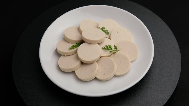 Sliced vietnamese sausage or White Pork Sausage in white plate.asian food.