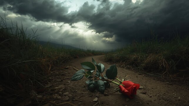 A single red rose lies on a dirt road under a dark and stormy sky with clouds and grass