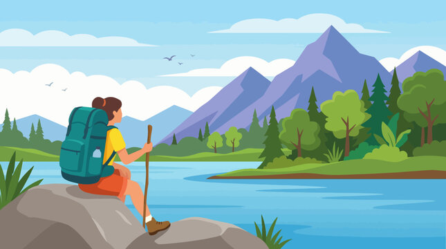 A solitary hiker sits peacefully by a serene mountain stream, reflecting on nature and the beautiful landscape, surrounded by lush trees and towering mountains ahead.