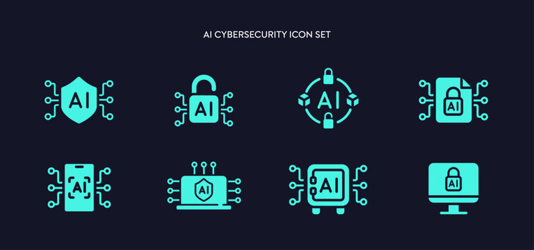 Cybersecurity AI Technology icons including artificial intelligence protection, firewall, privacy encryption, padlock, Safety identity scan, cyber security, policy confidential access secure icon set