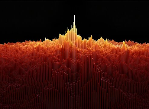 Abstract 3D voxel landscape with glowing orange peaks, digital data visualization of mountain terrain, futuristic blocky topography on black background