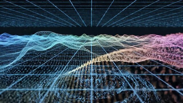 Futuristic Data Waves - Digital waves undulate smoothly in a futuristic data field, creating an abstract motion graphic. The scene features a grid-like structure overlaying the undulating data.