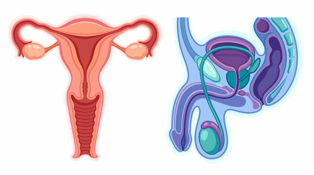 A detailed illustration depicting the female uterus on the left and the male reproductive system on the right, emphasizing the anatomical differences and biological functions.
