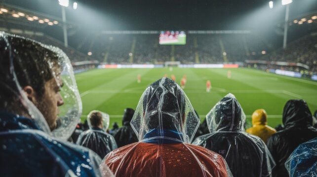 Spectators in rain ponchos watching soccer game at night stadium