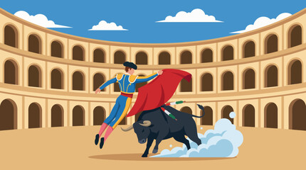 A dynamic scene of a bullfighter gracefully maneuvering with a red cape, showcasing bold colors and intense movement in a classic bullfighting arena against a blue sky. © Jiang