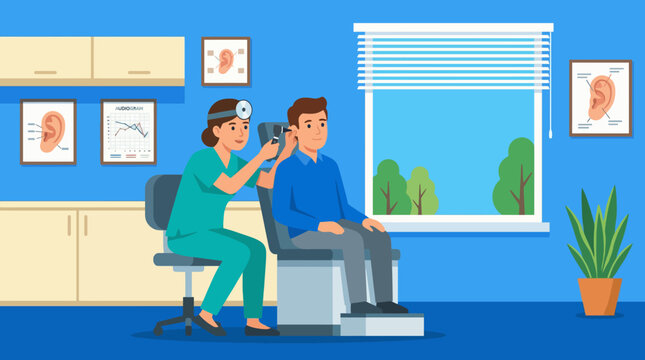 A friendly scene depicting an audiologist checking a patient&rsquo;s ears, illustrating the importance of healthcare and professional assurance for maintaining ear health and well-being.