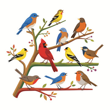 A collection of colorful birds perched harmoniously on branches, celebrating the beauty of nature and the joyful sounds of chirping in a serene natural environment.