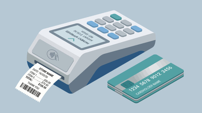 An illustration of a payment terminal displaying a receipt and credit card, representing modern consumer experiences in retail transactions and financial technology advancements.