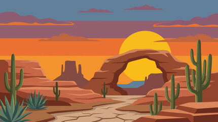 A breathtaking desert scene featuring dramatic rock formations and a vibrant sunset sky, representing the beauty of nature's landscapes and the allure of adventure.
