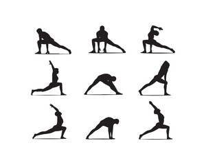 Obraz premium A set of nine black silhouette figures performing different yoga poses and stretches, highlighting strength and flexibility on