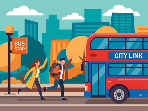 This busy urban scene captures the moment of a city bus stopping at a bus stop, emphasizing urban mobility and the vibrant energy of city life with passengers rushing to board.