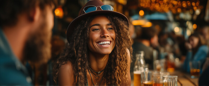Young friends laughing and enjoying time together at a bar table, wearing casual. summer lifestyle concept. close-up portrait. Hyper-realistic photography.
