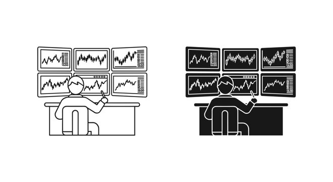 Stock market trader icon set, financial analyst monitoring multiple screens with data charts, professional investor at trading desk vector