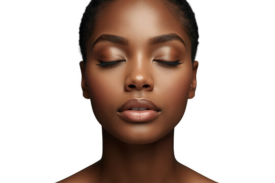 Young black woman's face with closed eyes, highlighting perfect skin, natural glow, and beauty, feeling calm and balanced