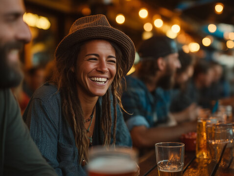 Young friends laughing and enjoying time together at a bar table, wearing casual. summer lifestyle concept. close-up portrait. Hyper-realistic photography.