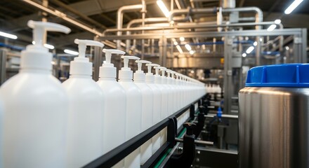 Naklejka premium Rows of white pump bottles line a production line. Industrial machinery surrounds the bottles in motion. Bright lights illuminate the manufacturing process
