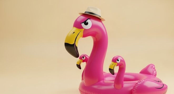 Pink flamingo float with hat. Two flamingos swim on inflatable toy. Bright yellow beak, black tip. Soft beige background. Playful, whimsical, summer vibe. Perfect for fun, vacation, or pool scenes