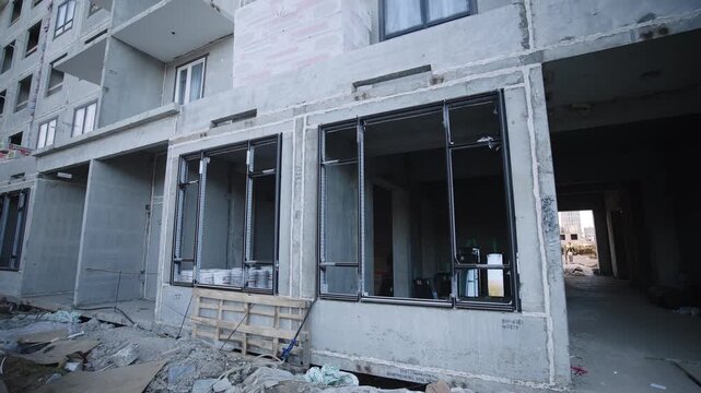 Facade of incomplete building with large empty windows at construction site. Erecting modern residential and business center in downtown