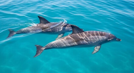 Fototapeta premium Two dolphins swimming together in clear blue ocean water under bright sunlight