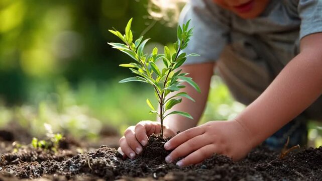 Child hands planting a small green sapling in fertile soil