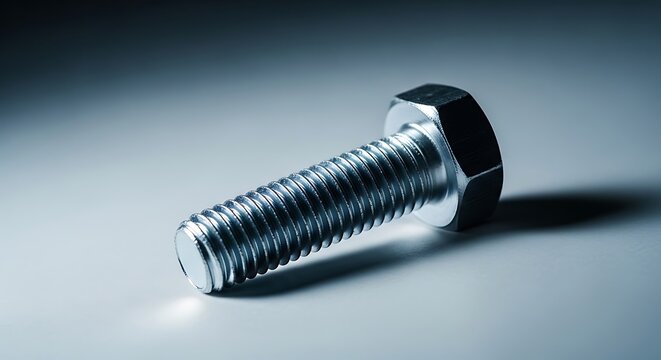 Single metallic hex bolt placed on a neutral gray background featuring sharp industrial texture and dramatic lighting