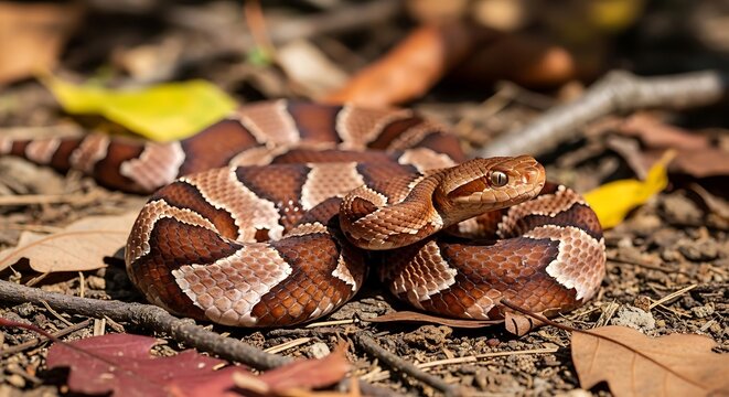 Closeup view of a coiled brown and white striped snake resting on forest floor litter