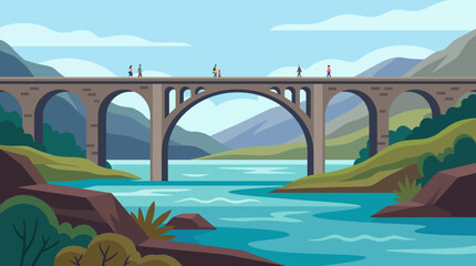 A serene landscape featuring a picturesque bridge with pedestrians, set against majestic mountains and a calm body of water showcasing nature's stunning beauty. © Jiang