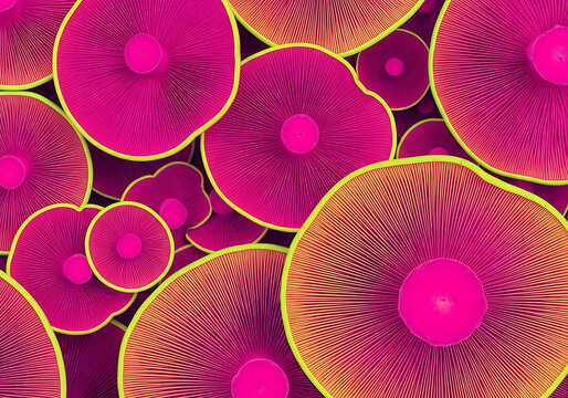 Abstract pattern of bright pink and orange mushroom caps, microscopic view, surreal, colors, cell structure