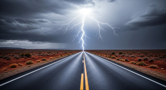 Dramatic thunderstorm over empty highway with lightning strike in desert landscape