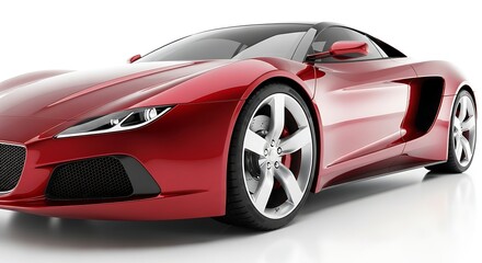 Naklejka premium Modern red sports car driving fast with aerodynamic curves and metallic paint on a clean white studio background