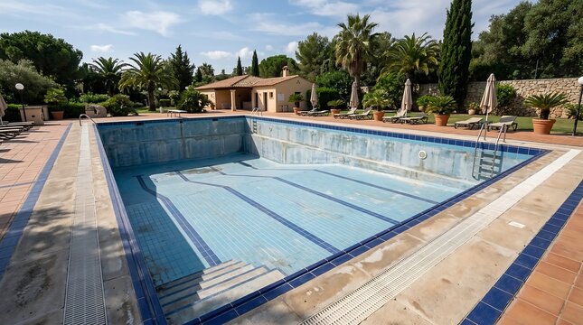 Outdoor swimming pool with tiled deck and surrounding garden in a residential area