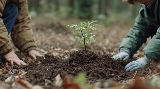 Child hands planting a small green sapling in fertile soil