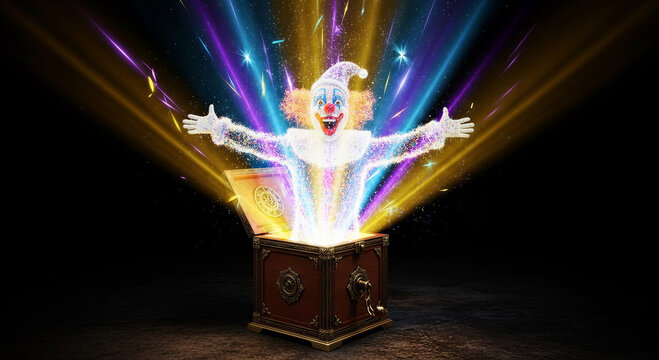 Jack-in-the-box toy clown emerging with colorful lights and sparks  