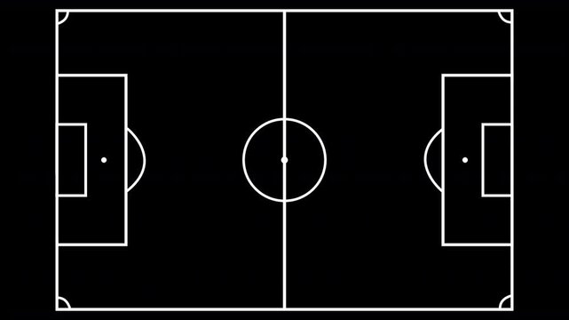white outlines of an association football soccer pitch playing field markings, empty white outlines animated on and off screen with a transparent alpha channel background 4k sports animation